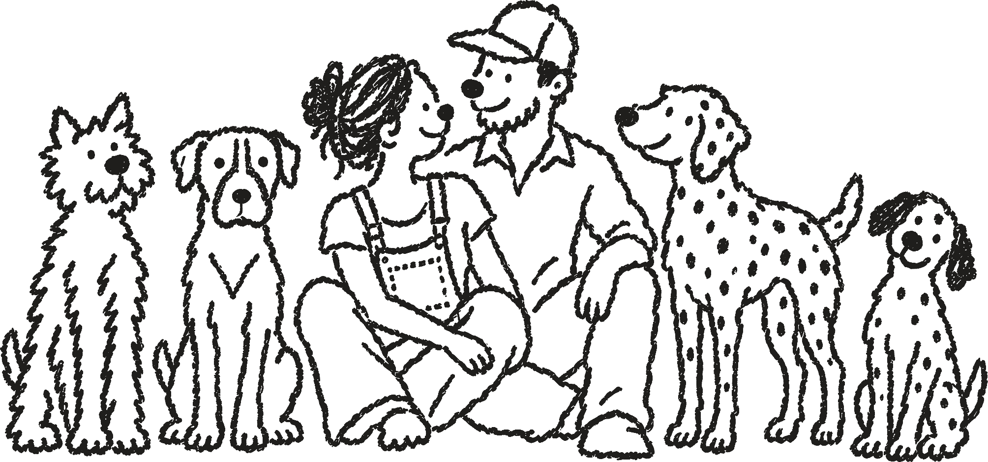 An illustration of Austin and Illiana Moncada sitting with their four dogs: June, Niko, Maggie and Penny