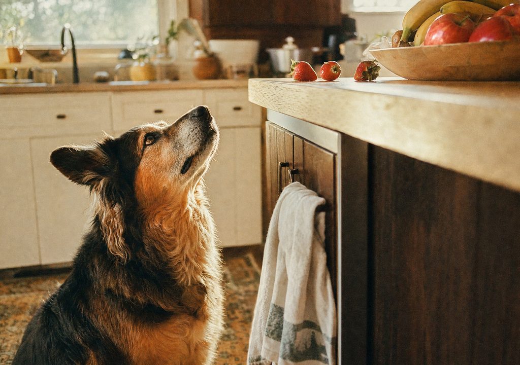 A dog sitting beside a kitchen counter, looking up past a bowl of fruit