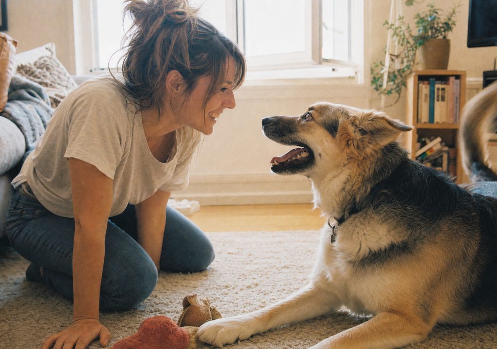 A dog gazing up at its owner
