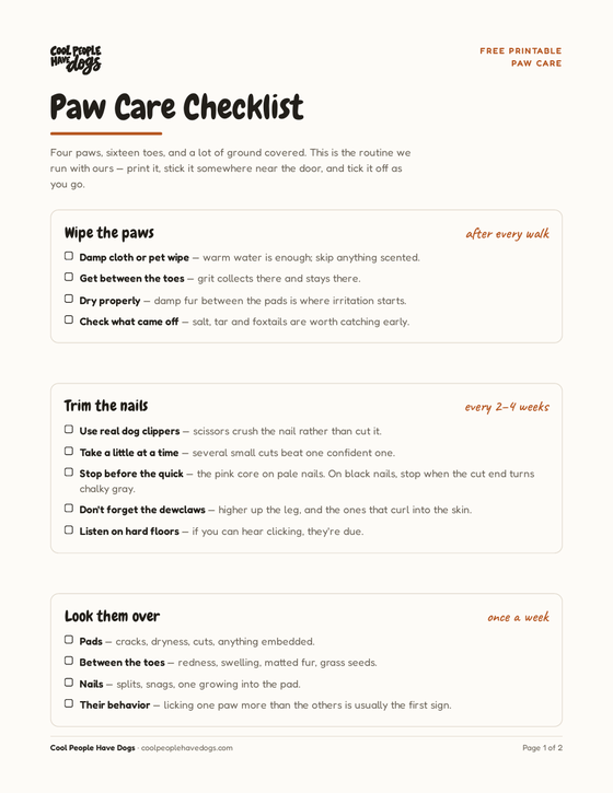 The first page of the Paw Care Checklist printable
